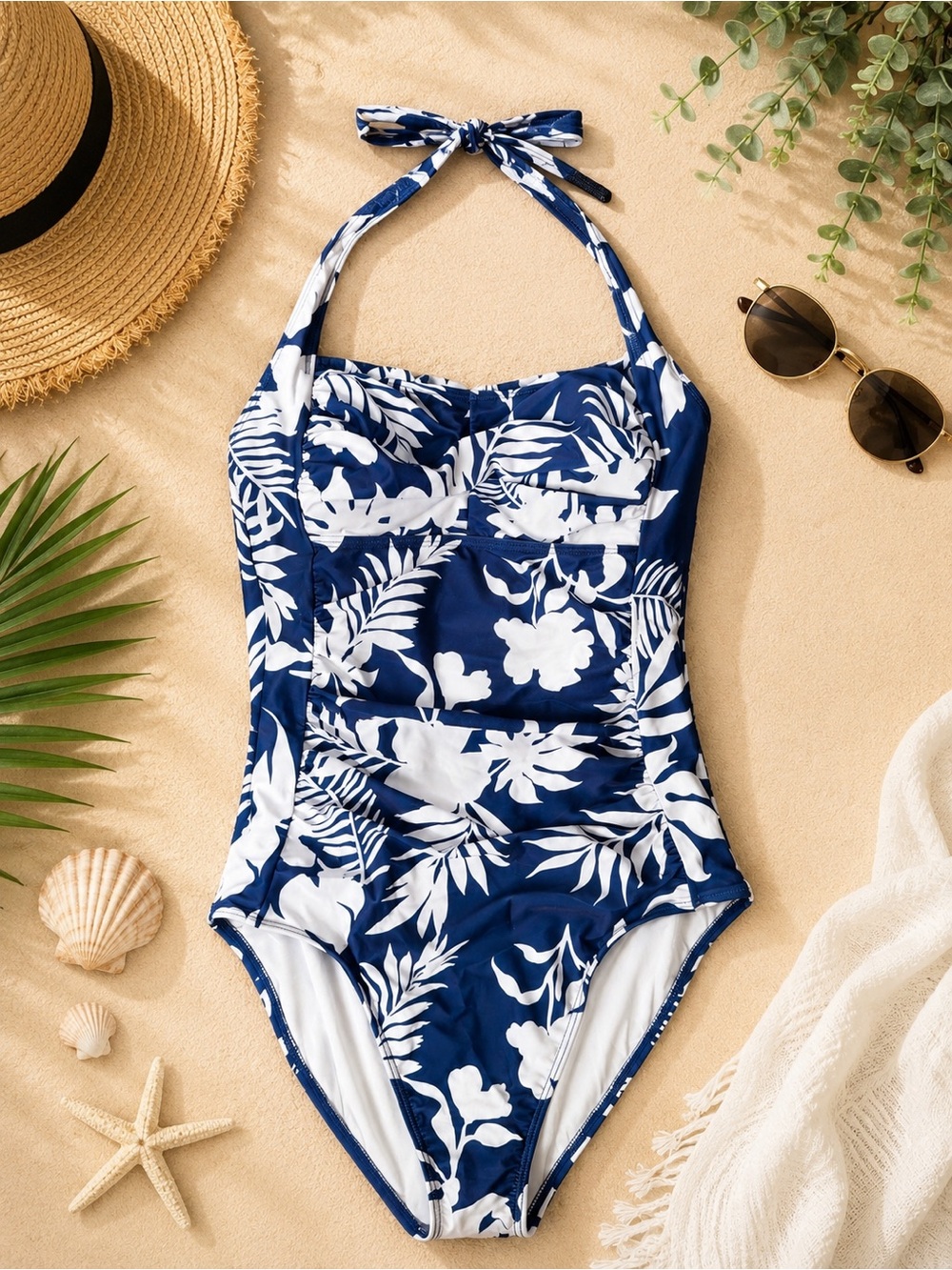 Navy Floral Halter One-Piece Swimsuit